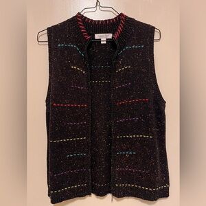 ColdWater Creek Black/Multi color stitched Zip up Sweater Vest Size Large